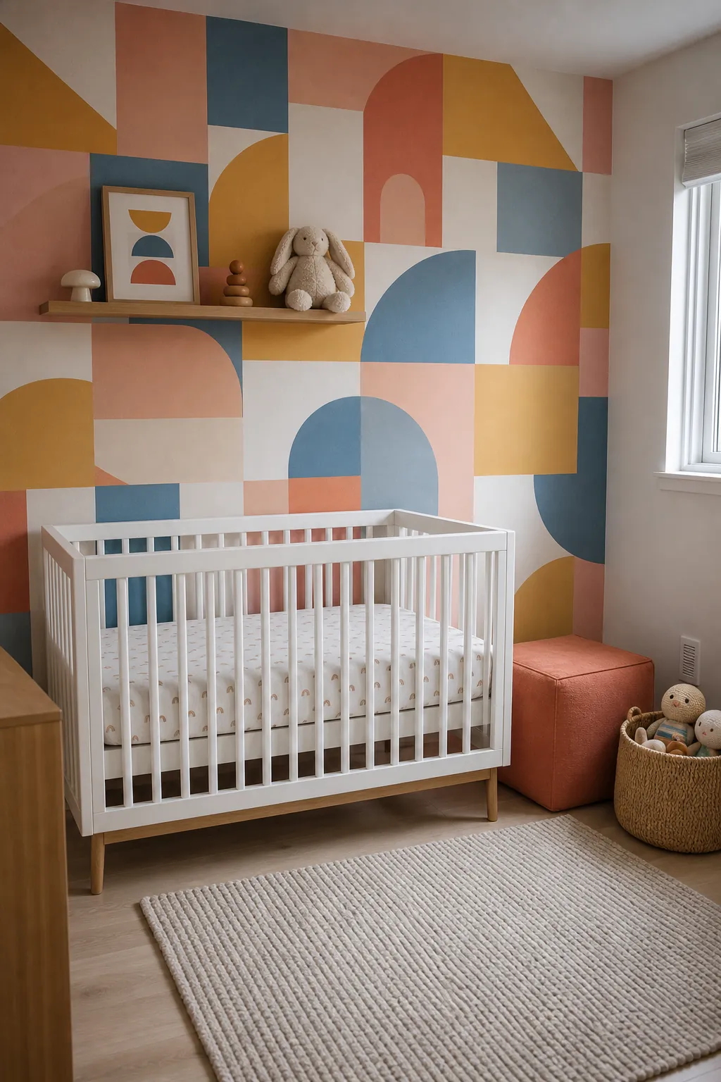 Colorful nursery wallpaper with playful geometric blocks and simple white furniture