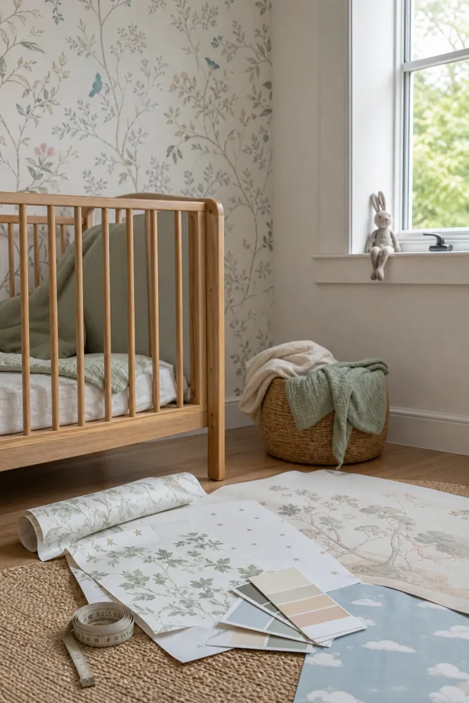 Baby nursery wallpaper samples arranged in a cozy newborn room with a crib and soft decor