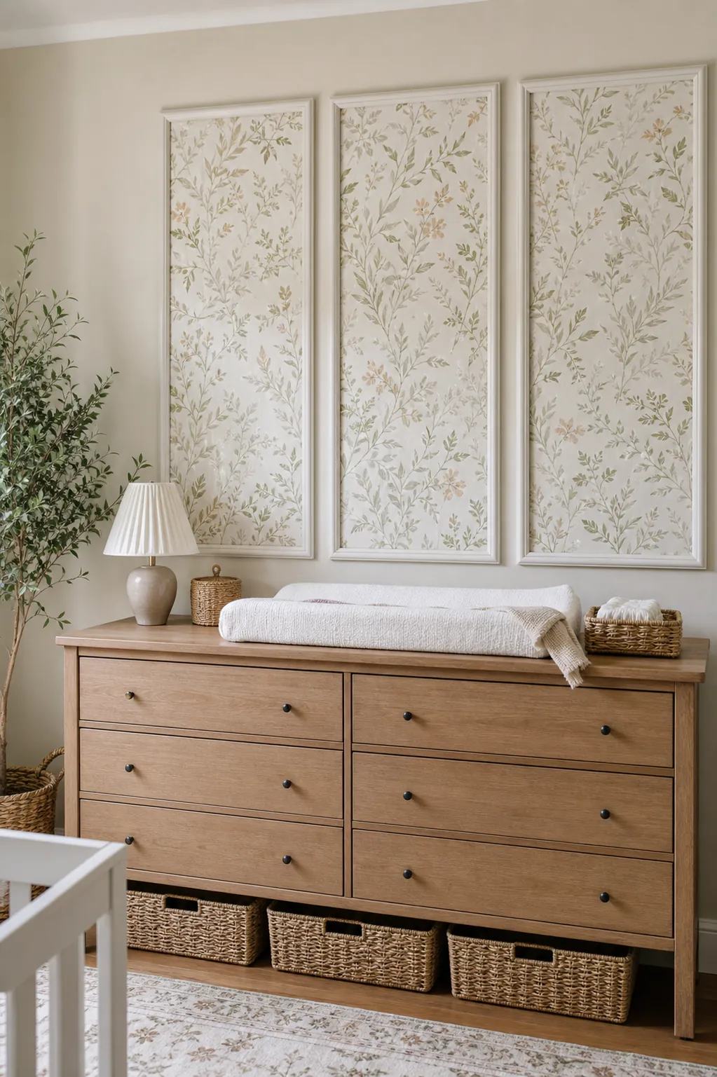 Framed nursery wallpaper panels above a dresser for a renter friendly baby room idea