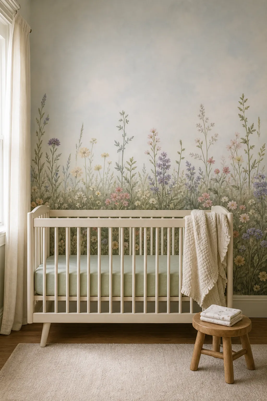 Meadow nursery wall mural with wildflowers behind a crib and soft neutral bedding