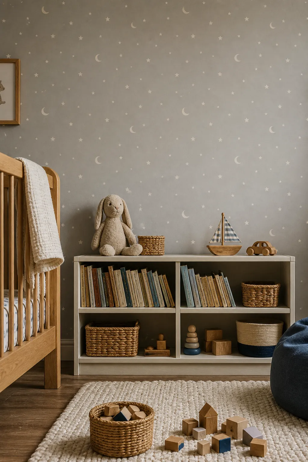 Tiny moons and stars kids room wallpaper in a baby nursery with bookshelves