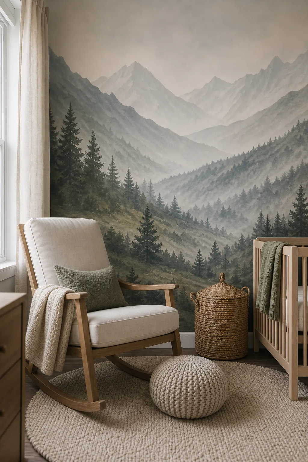 Mountain nursery wall mural with soft gray green peaks behind a rocking chair
