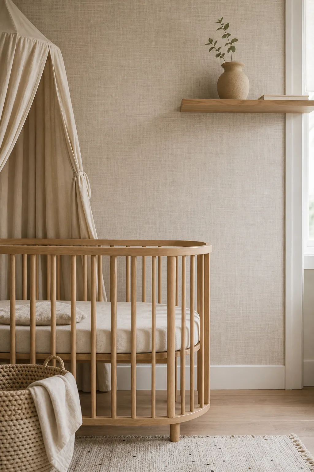 Neutral textured nursery wallpaper with a wood crib and cream newborn room decor