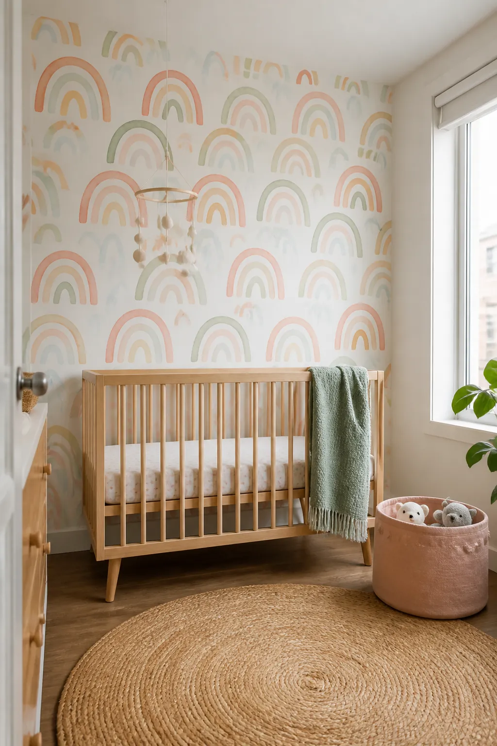 Pastel rainbow arch nursery wallpaper feature wall behind a modern crib