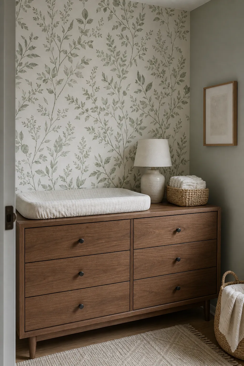 Gender neutral nursery wallpaper with sage botanical leaves above a changing dresser