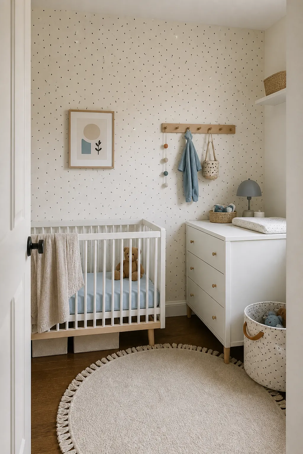 Small nursery with Scandinavian tiny shapes wallpaper and compact crib layout