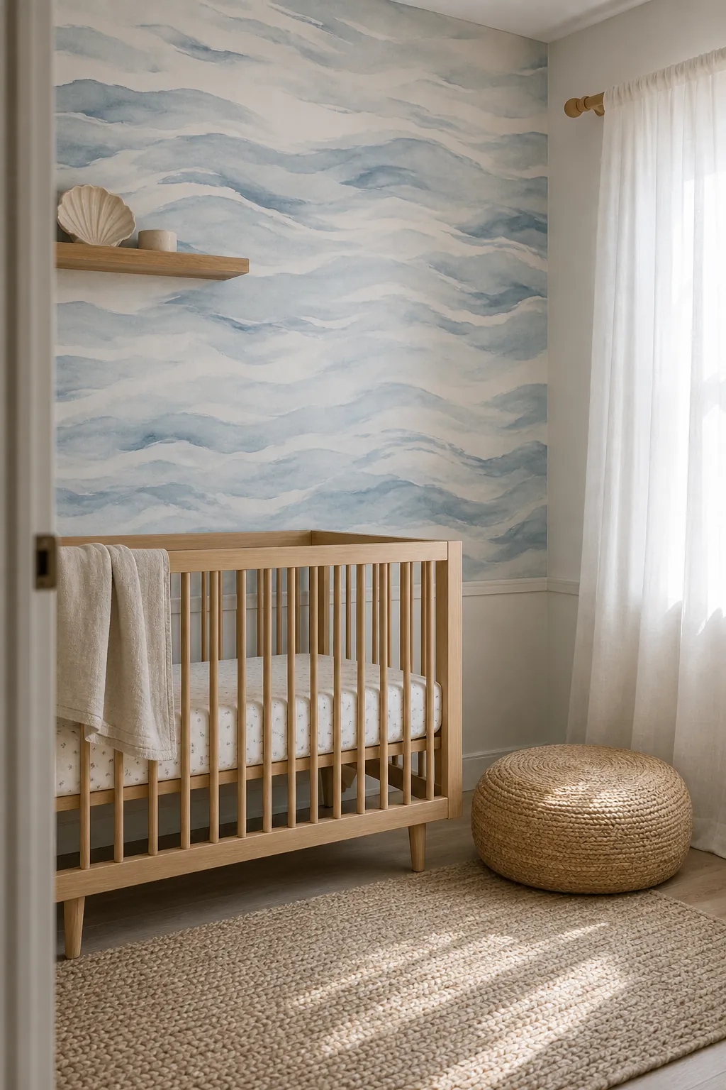 Soft coastal boy nursery wallpaper in blue watercolor waves with natural wood accents