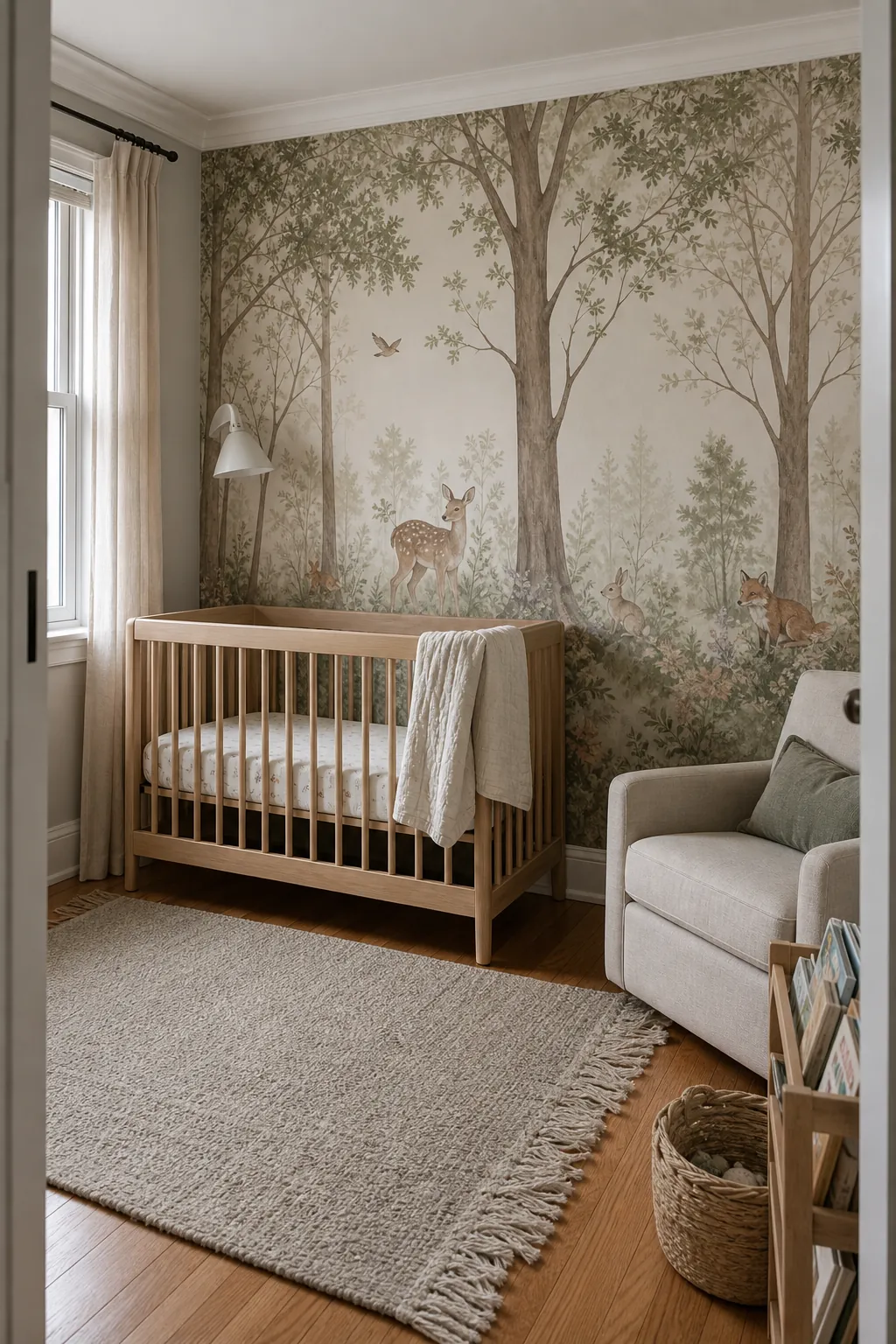 Soft woodland baby nursery wallpaper mural behind a crib in a cozy newborn room