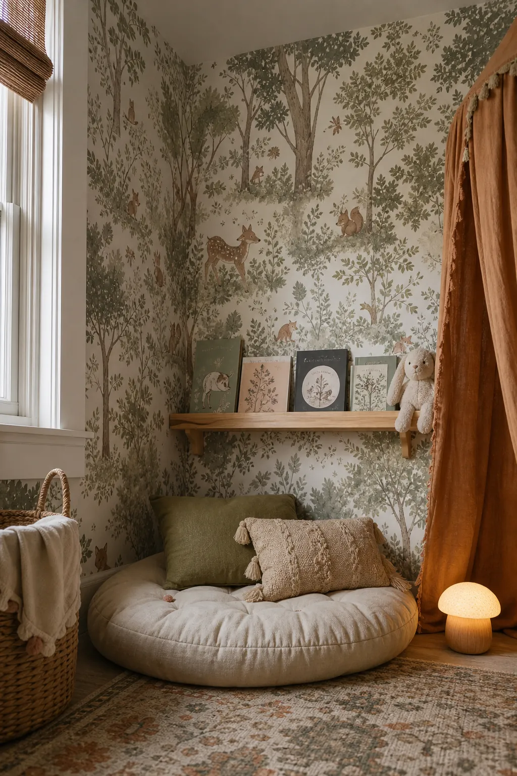 Storybook forest nursery wallpaper around a reading corner with floor cushions