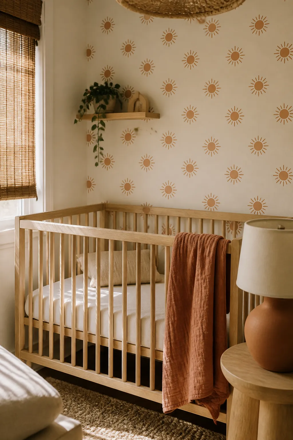 Cream and terracotta sun nursery wallpaper with warm neutral crib decor