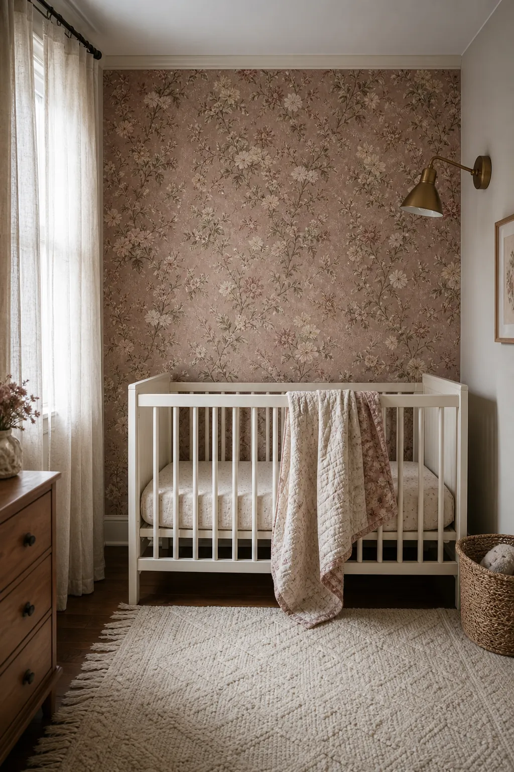 Vintage floral nursery wallpaper accent wall with simple white crib and soft curtains