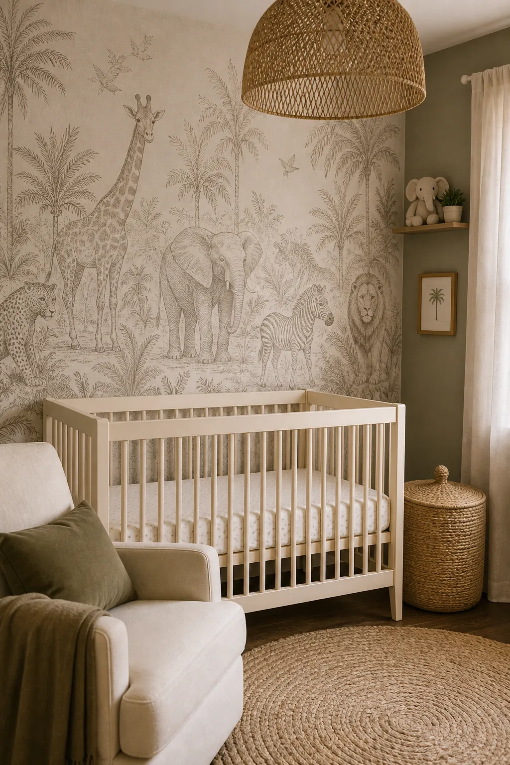 Warm safari sketch nursery wallpaper with taupe animals and natural textures