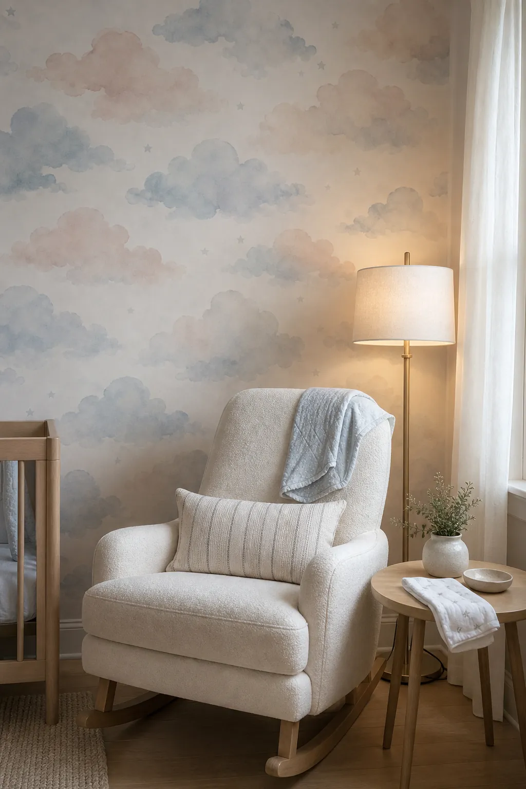 Watercolor cloud nursery wallpaper behind a rocking chair for a calm newborn room