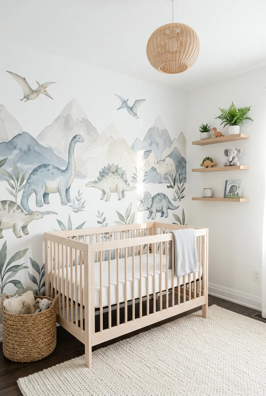 Small repeating patterns of cute blue brontosaurus and triceratops silhouettes on a soft white background.