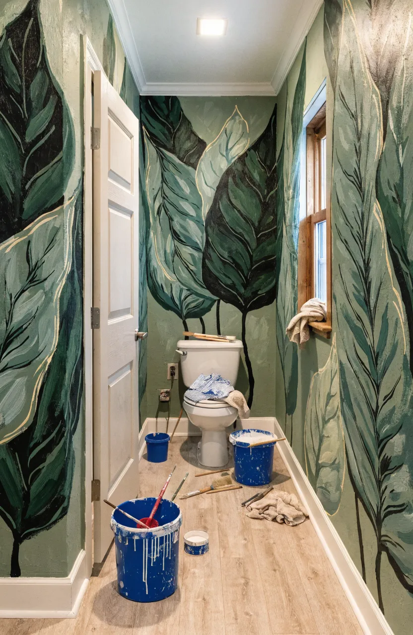 A bathroom wall decorated with delicate Fern and Eucalyptus leaf decals.