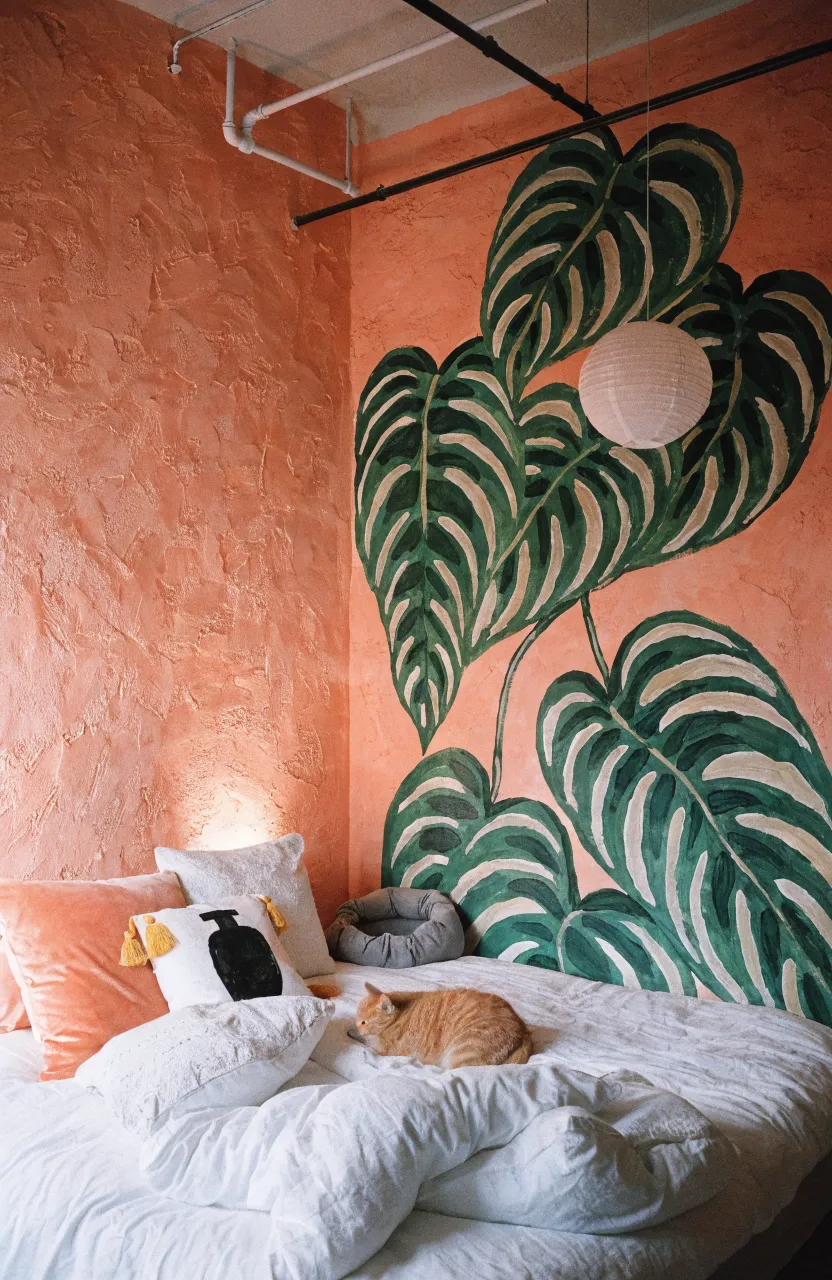 A bedroom wall featuring symmetrical leaf stencils in a repeating pattern.