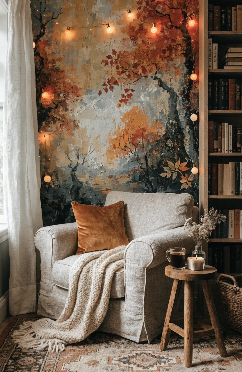 Small reading nook with earth-toned wallpaper and a comfortable armchair.