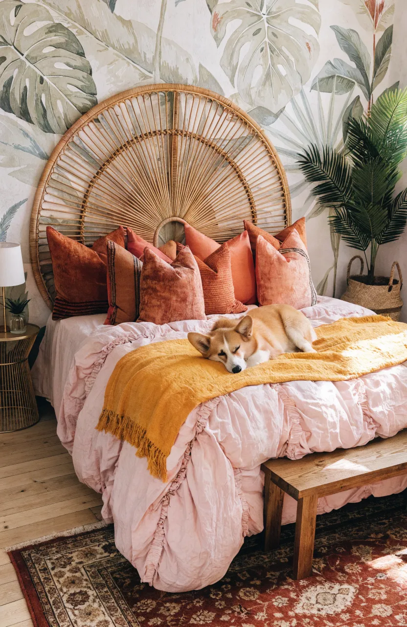 A bohemian styled room with a bold statement wall featuring geometric and natural motifs.