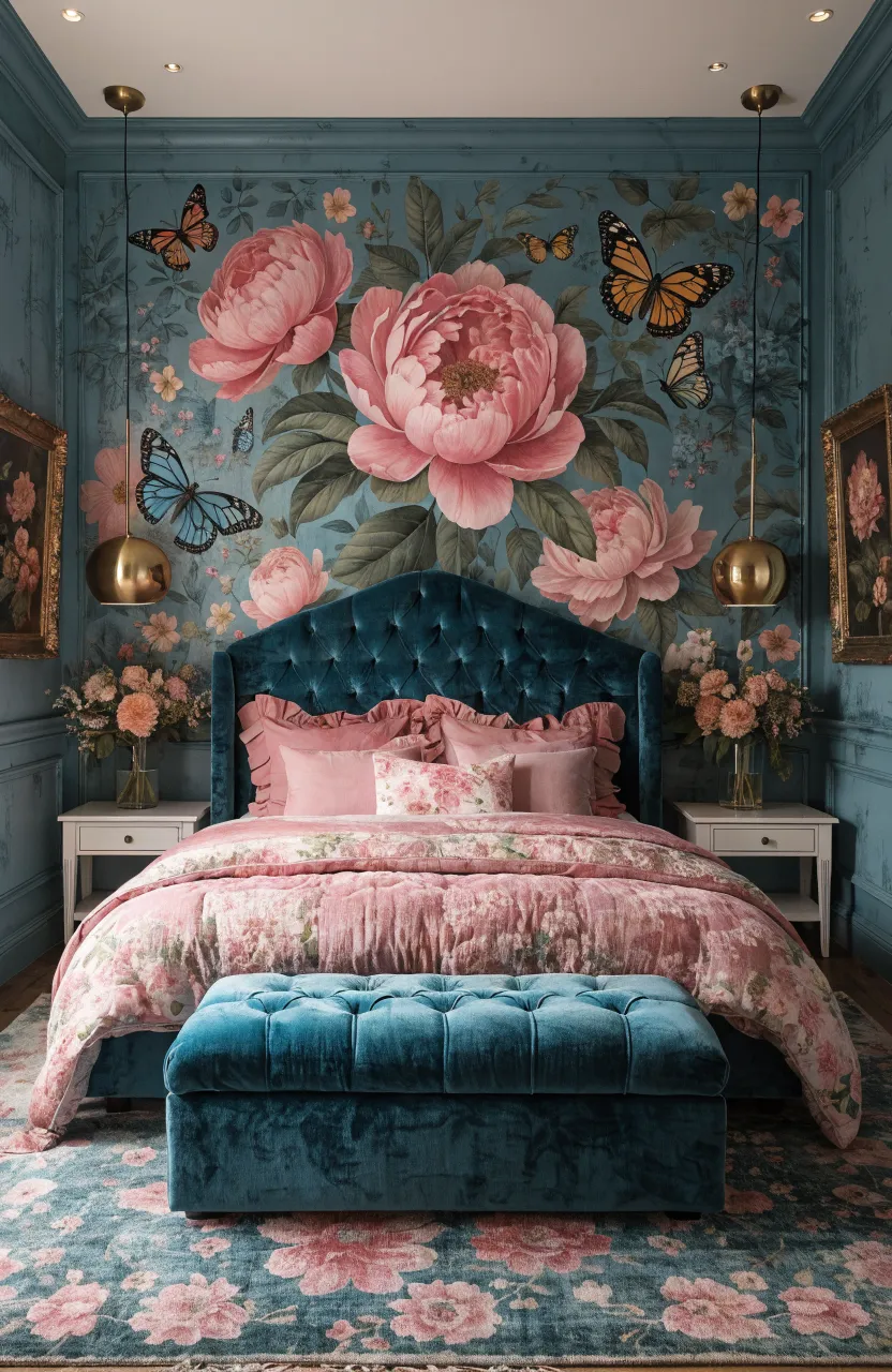 Large enchanting floral mural in a bedroom with rich colors and detailed petals.