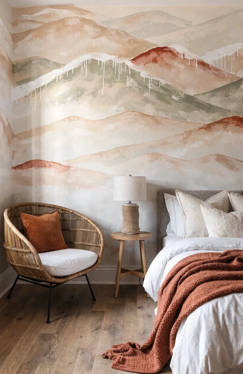 A bedroom wall featuring a soft terracotta mountain range mural with layered peaks.