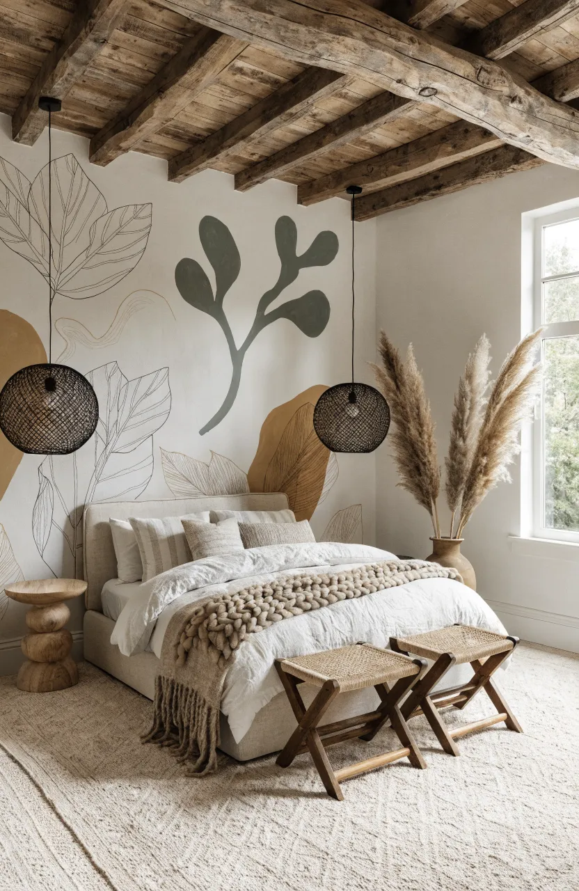 Bohemian style bedroom with textured wallpaper and layered fabrics on the bed.