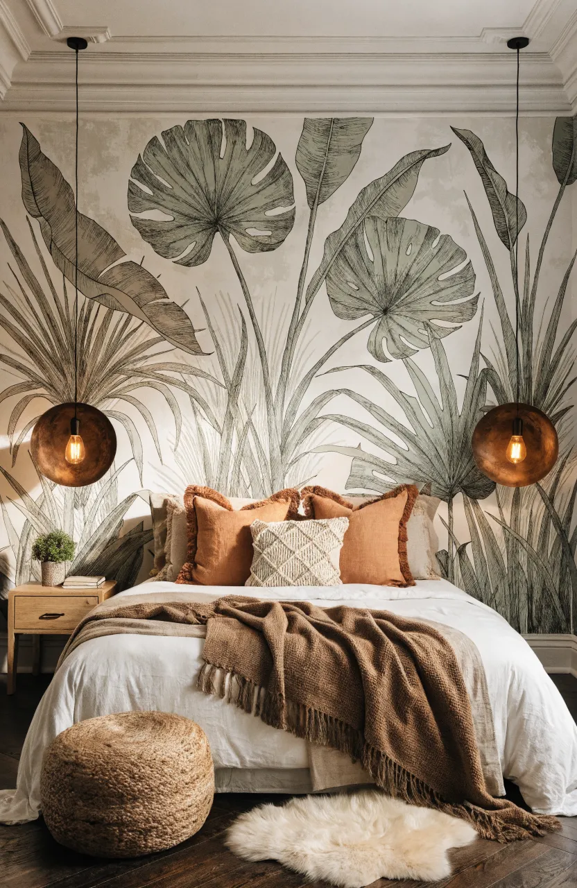 A large scale botanical mural featuring giant leaves and flowers in a sanctuary-style room.