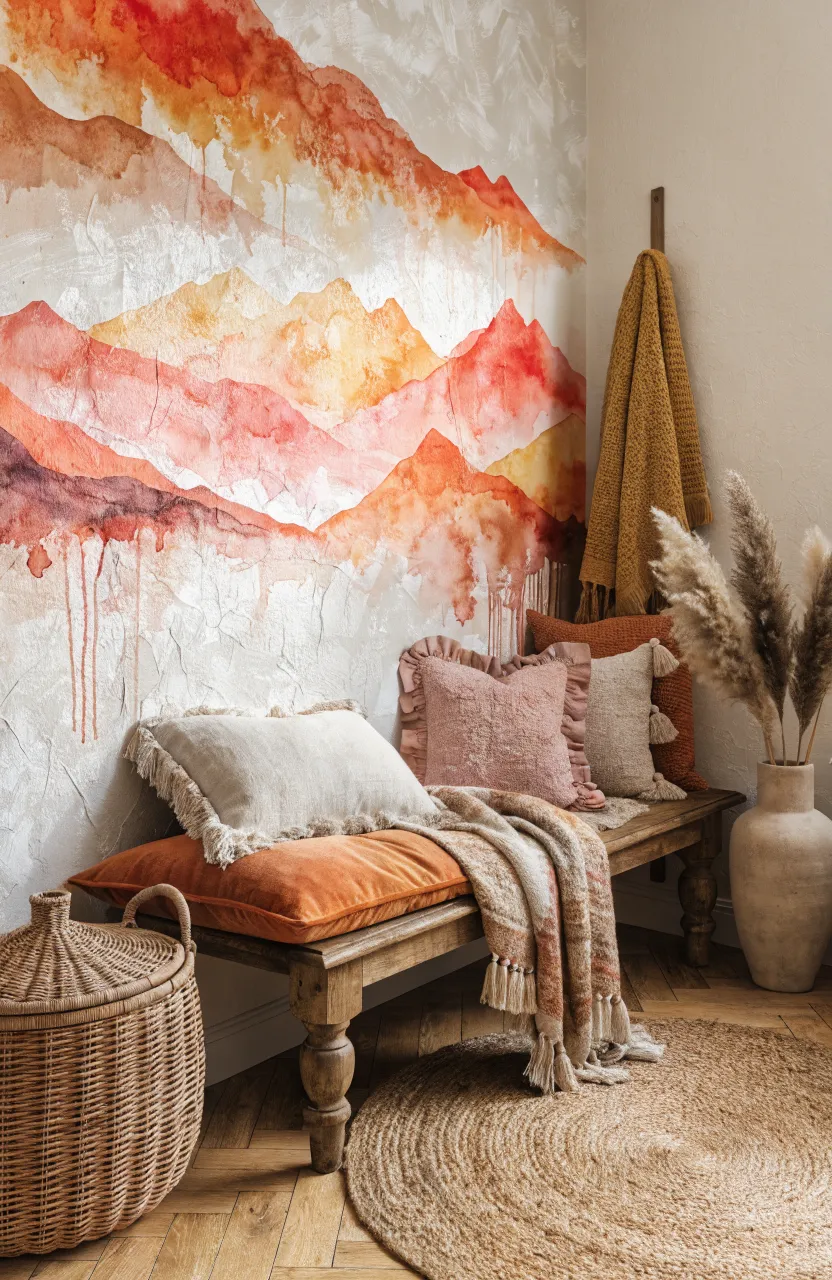 A small reading nook decorated with a sunset landscape mural in soft orange and pink.