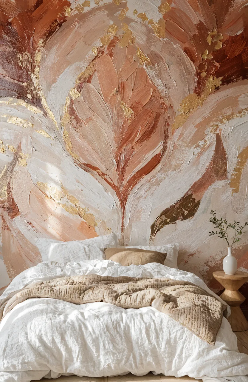 A living room wall with a textured mural in terracotta, sand, and clay colors.