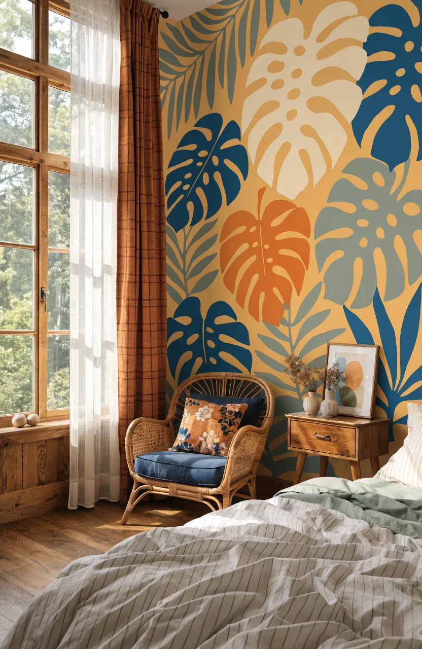 Close up of exotic leaf pattern mural with tips on coordinating furniture and accessories.