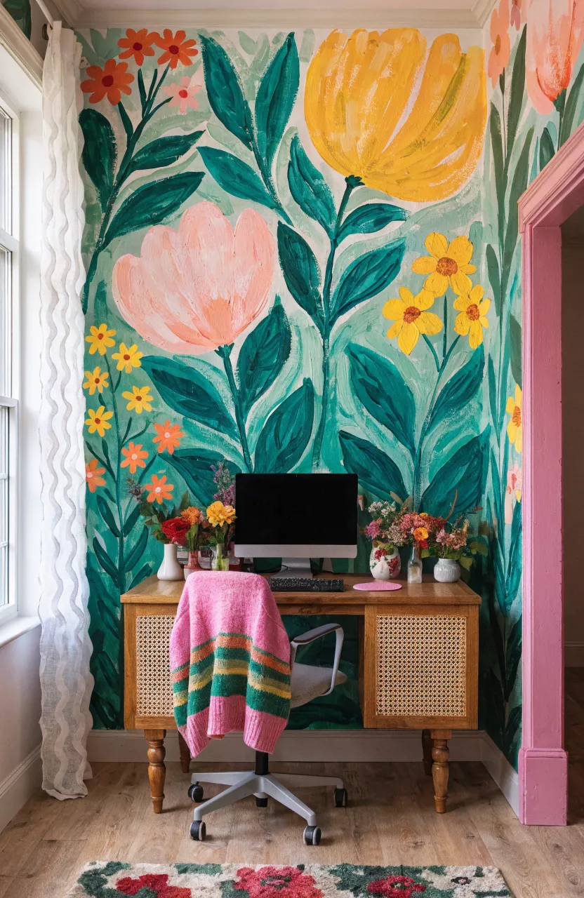 A home office featuring a hand-painted bohemian leaf mural behind a wooden desk.