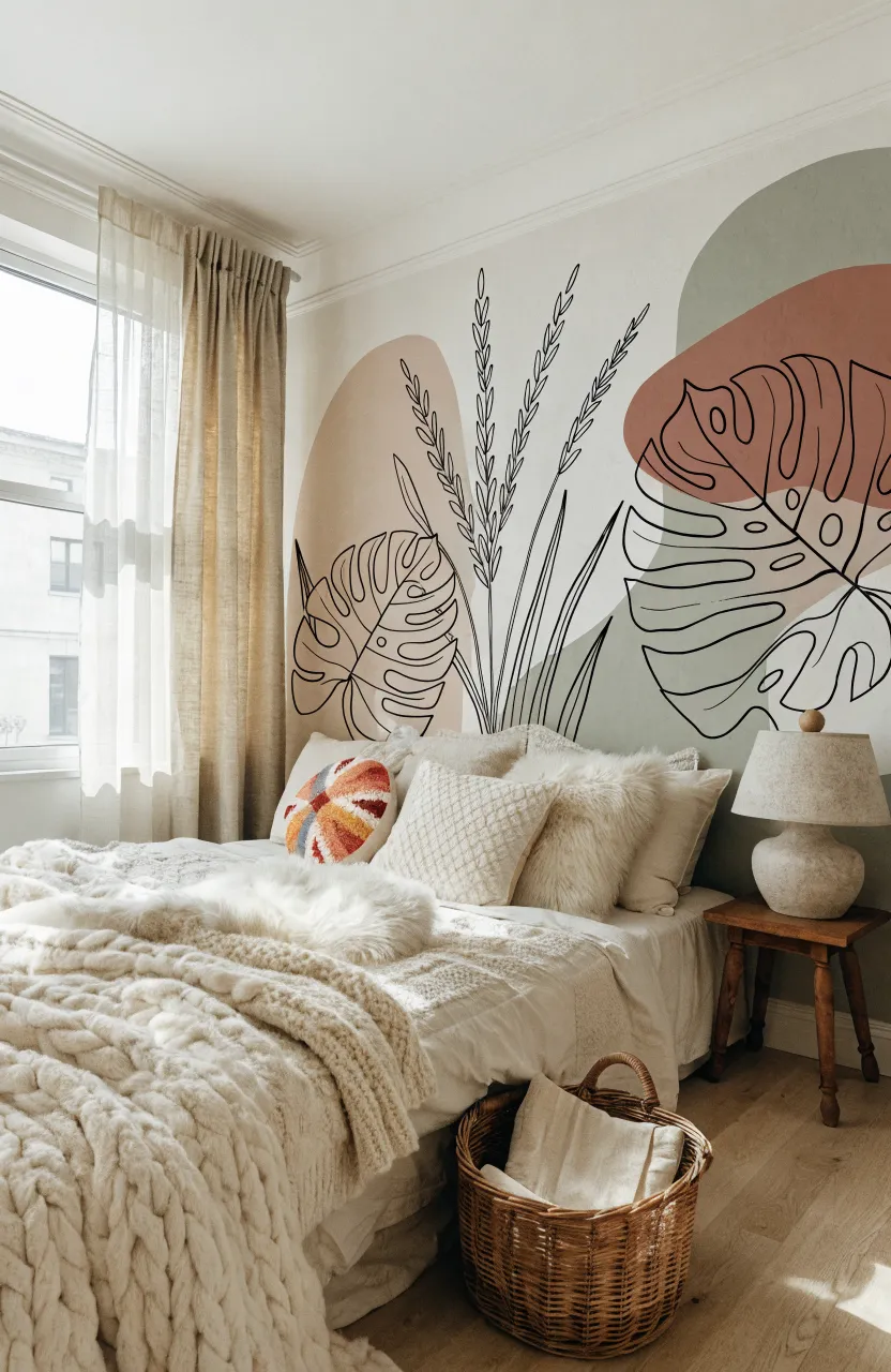 A minimalist wall featuring silhouettes of Monstera leaves in neutral tones.