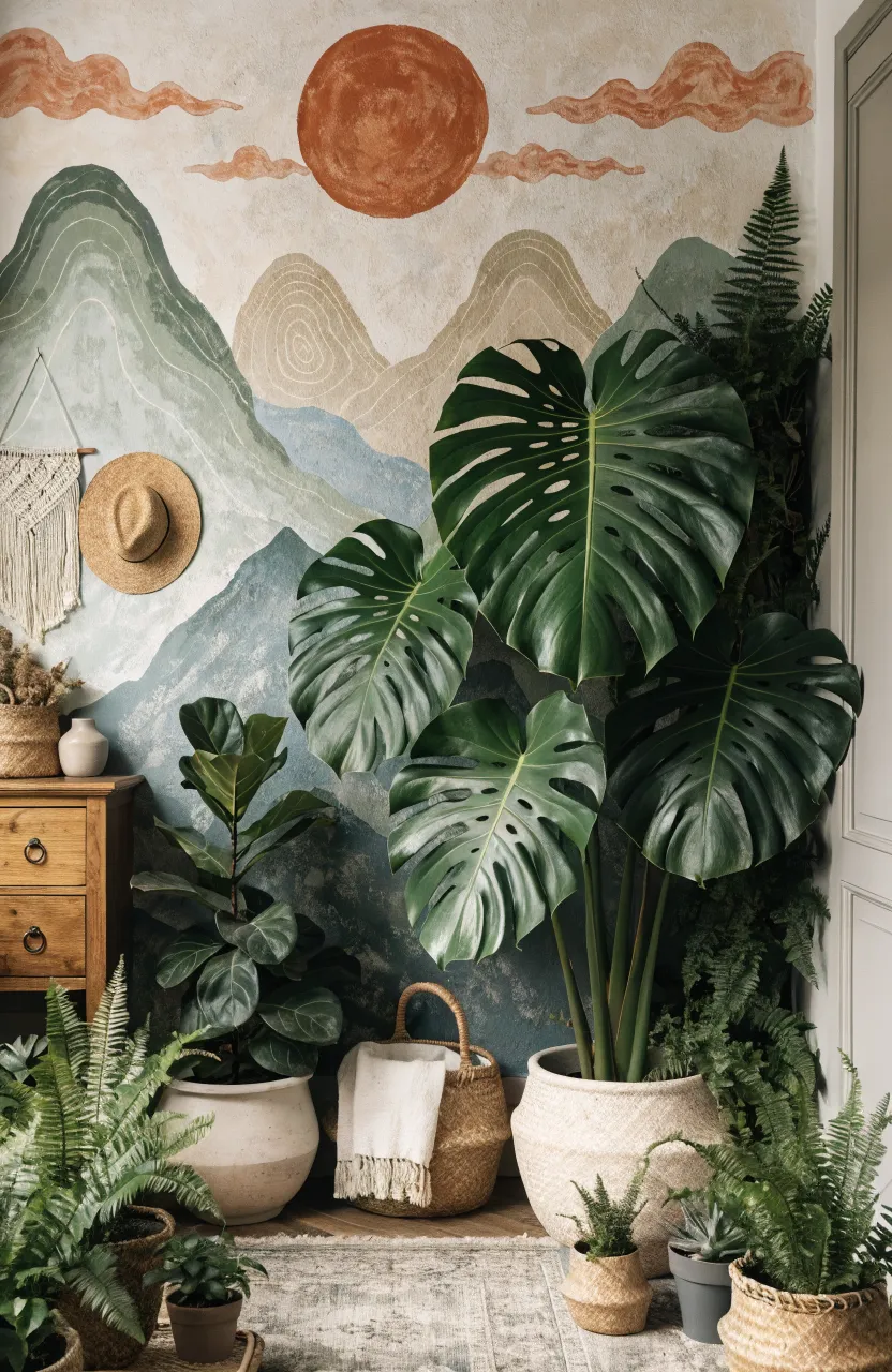 A mural combining geometric mountain peaks with delicate floral illustrations in a minimalist style.