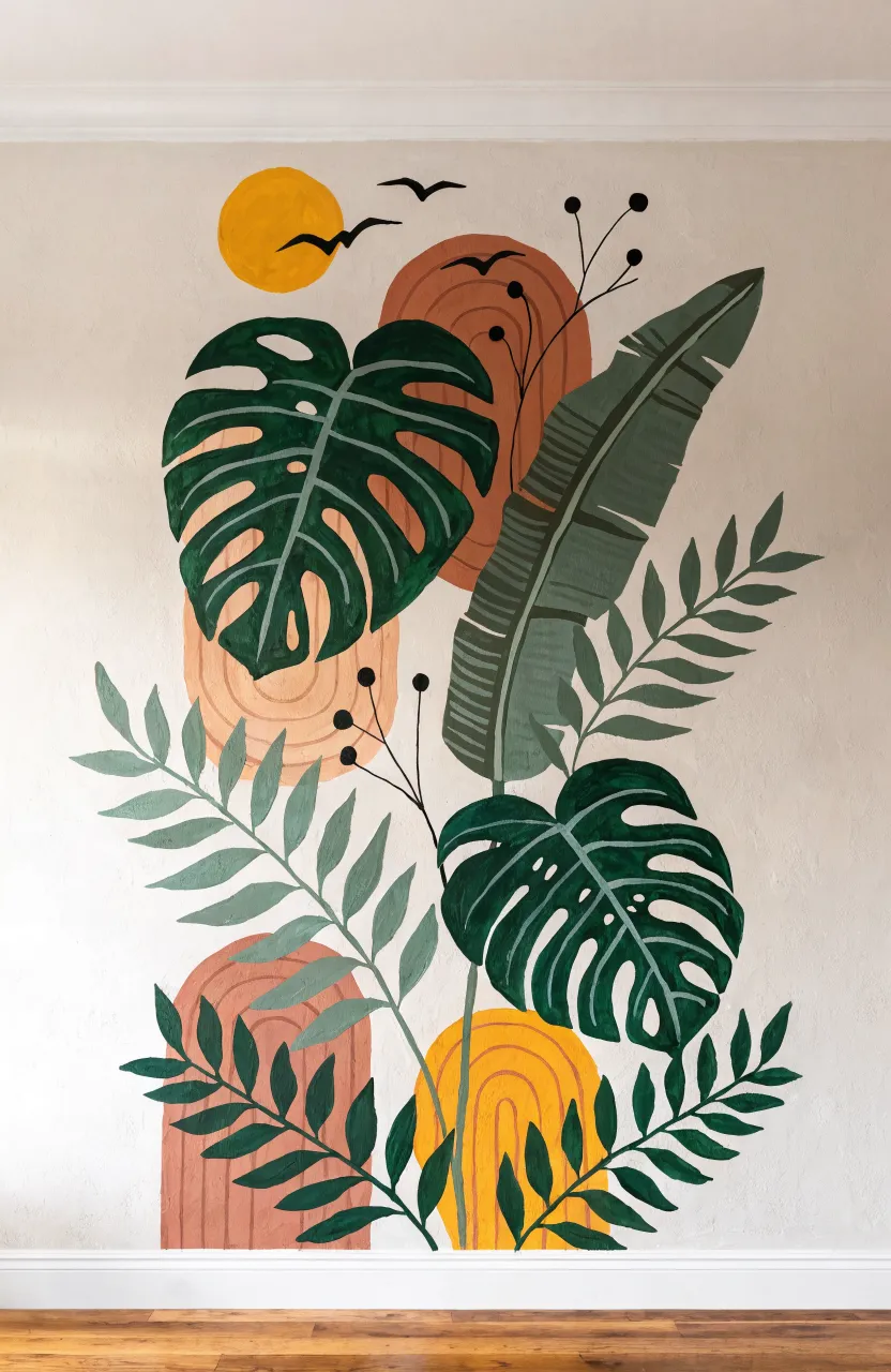 Close up of an artistic wall painting showing abstract leaves and botanical sketches.