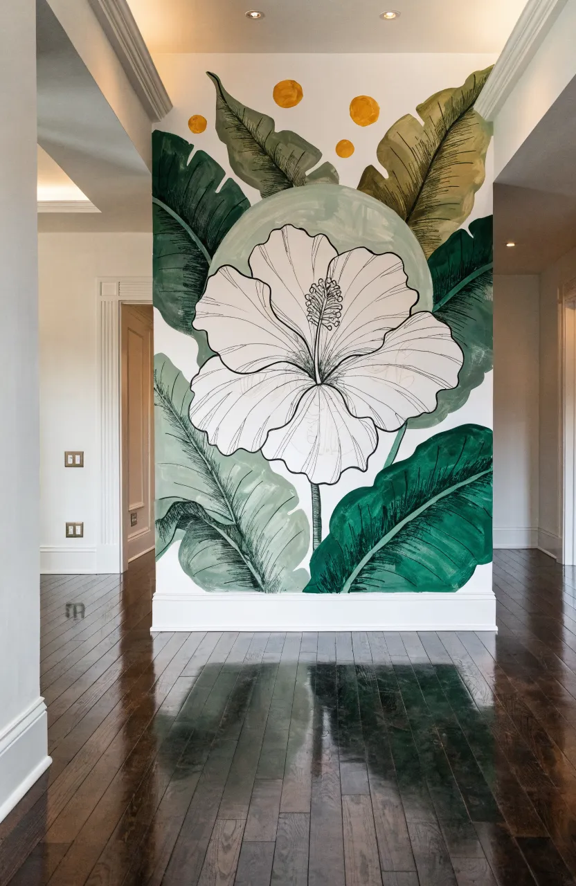 Global boho decor including a mural with earthy tones and tribal-style plant patterns.