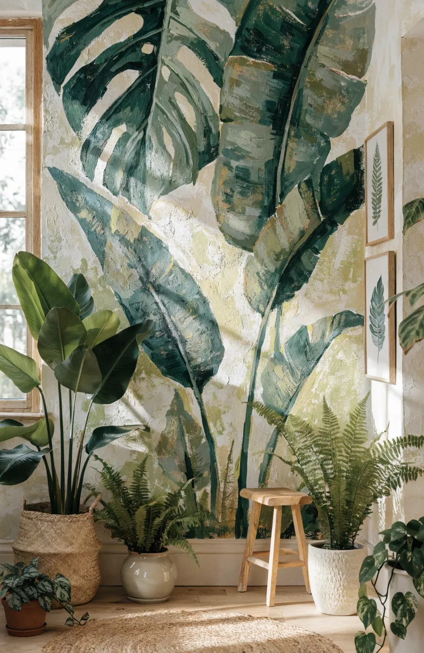 A vibrant feature wall featuring stylized tropical leaves in terracotta and teal tones.