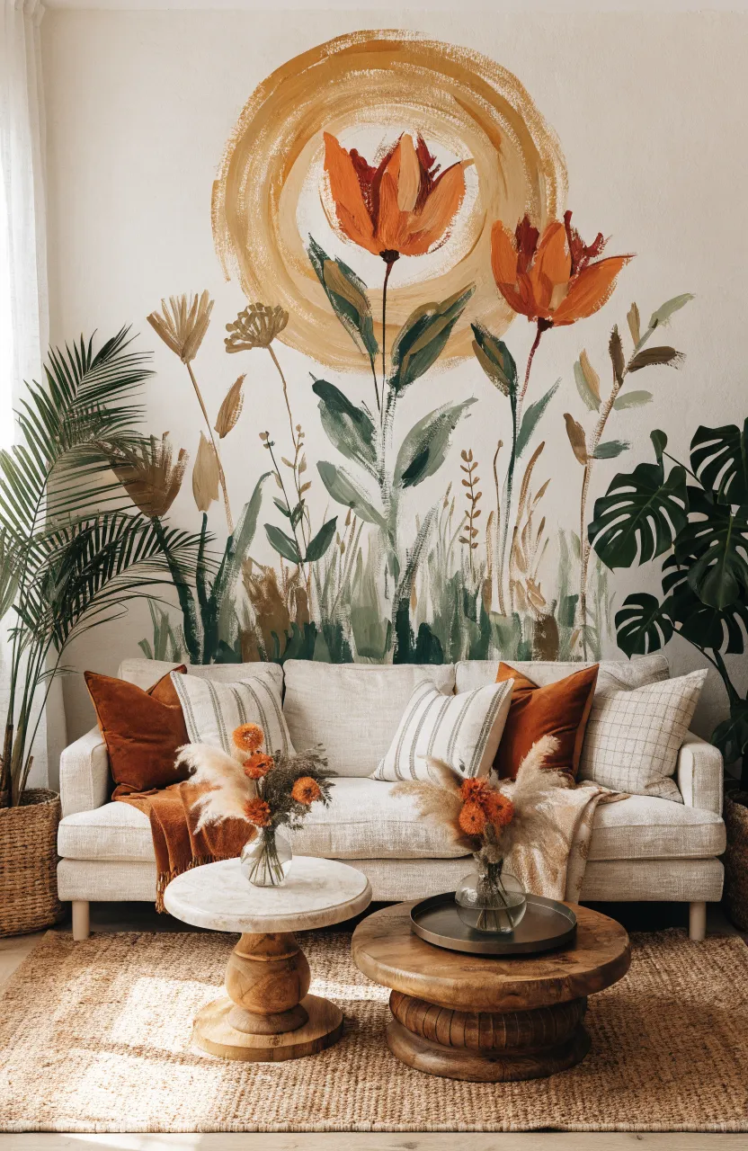 Warm-toned botanical illustrations featuring desert flora and muted palm leaves.