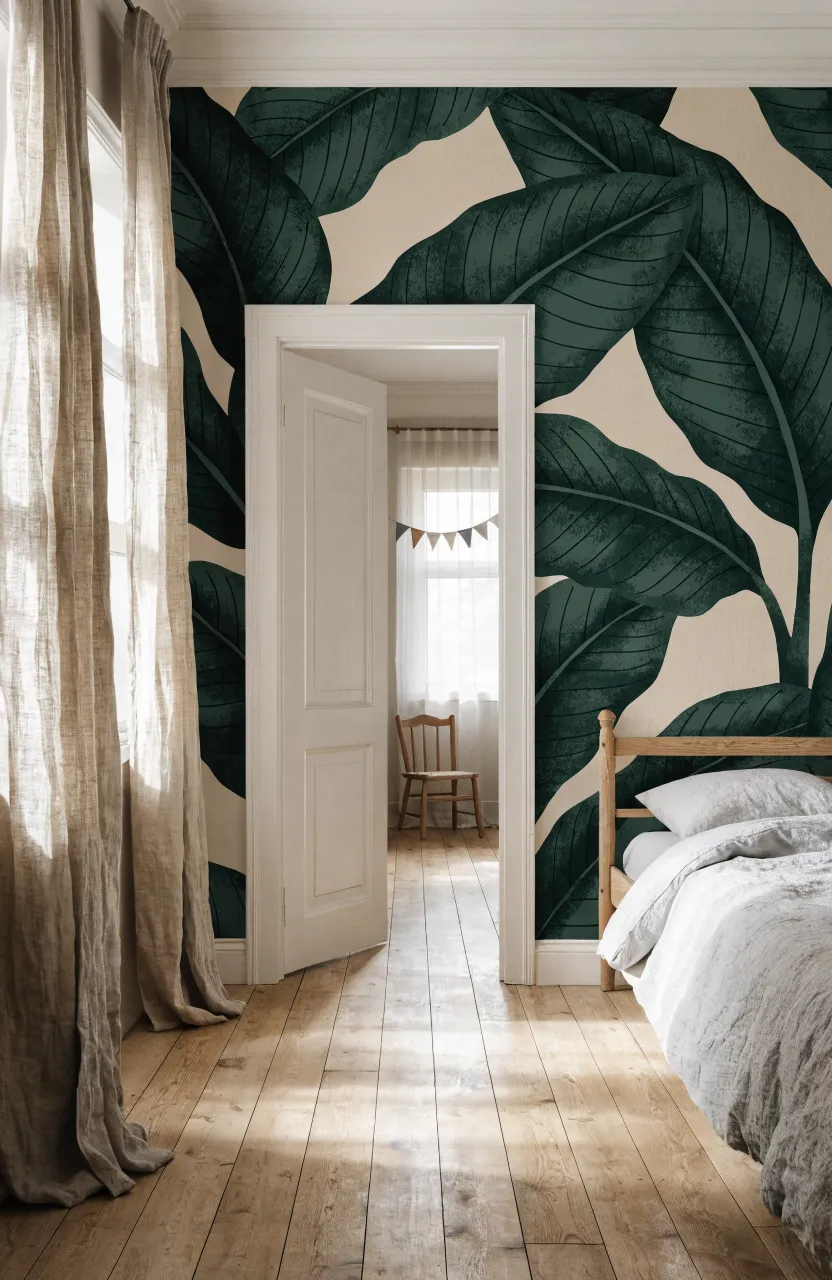 Green botanical leaf pattern wallpaper in a bright bedroom setting with wooden accents.
