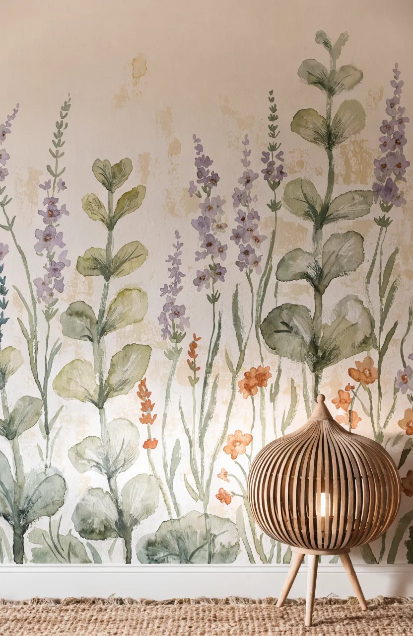 A soft watercolor botanical garden mural on a light-colored wall in a bright room.