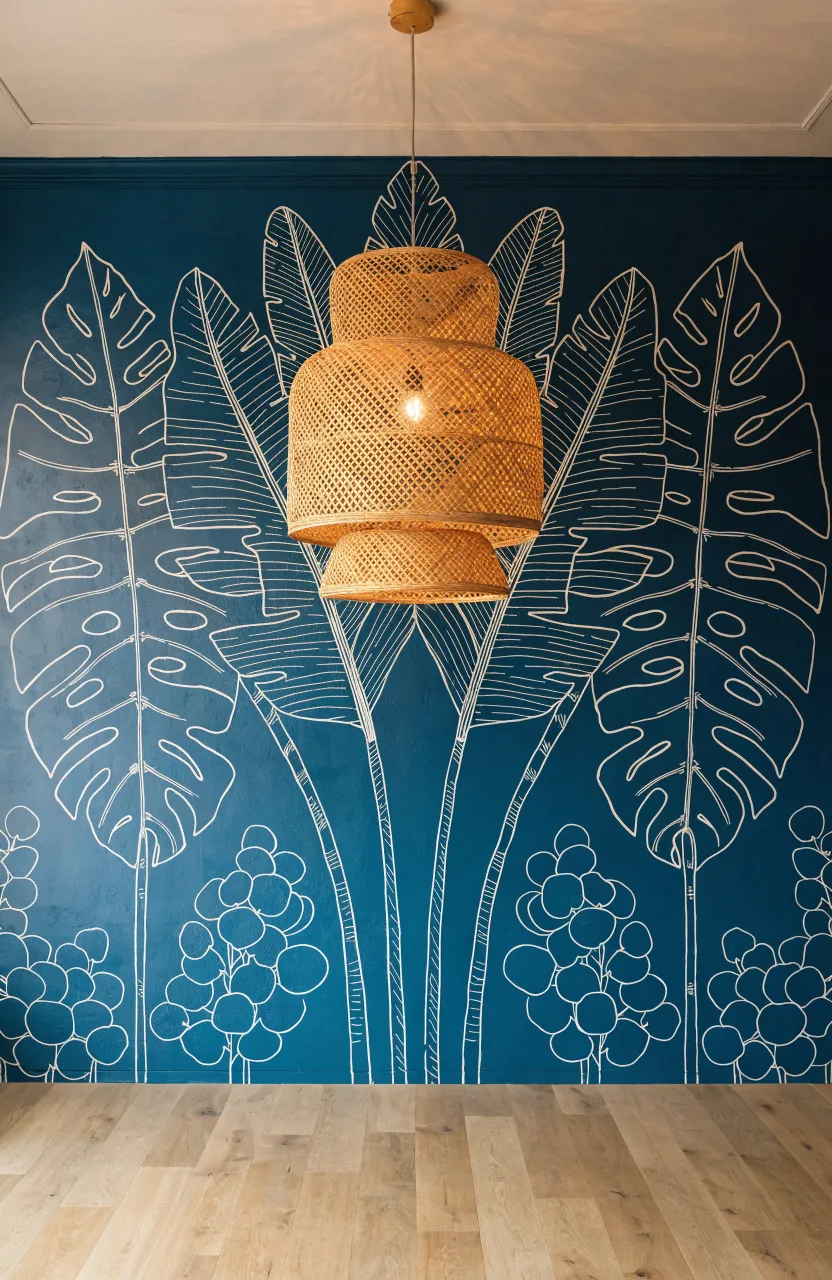 Simple black line drawings of monstera leaves on a clean white wall.