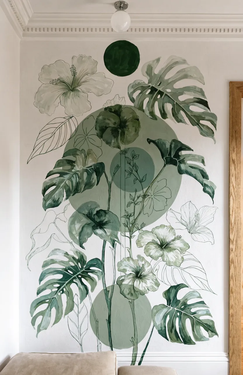 A long hallway decorated with large botanical prints and simple plant murals.