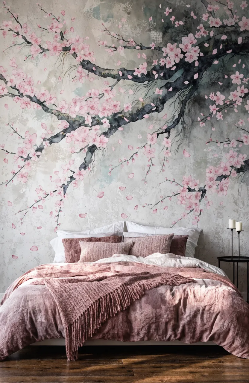 Soft pink cherry blossom mural behind a bed in a minimalist bedroom.