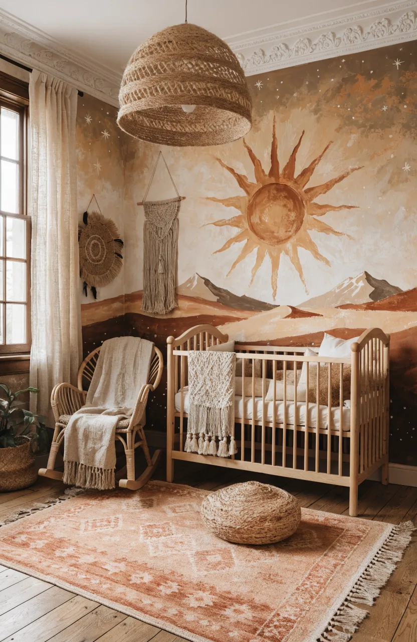 Nursery featuring warm sunset graphics on the wall with bohemian decor elements.