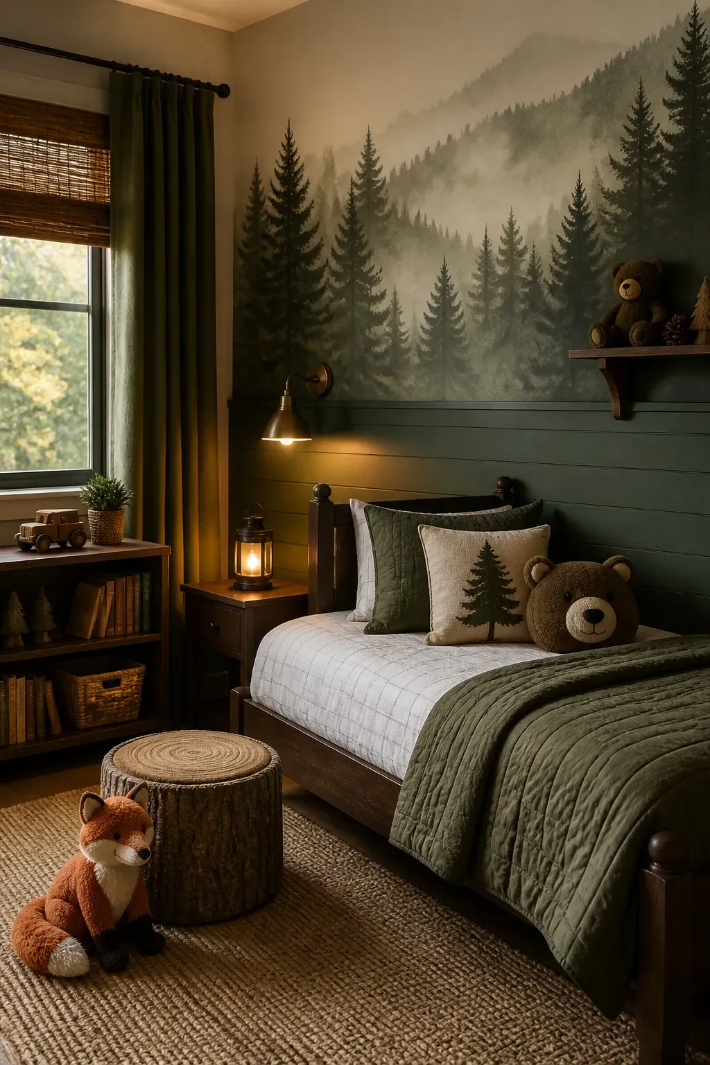 Whimsical but dark-toned forest mural in a child's bedroom featuring owls and pines.