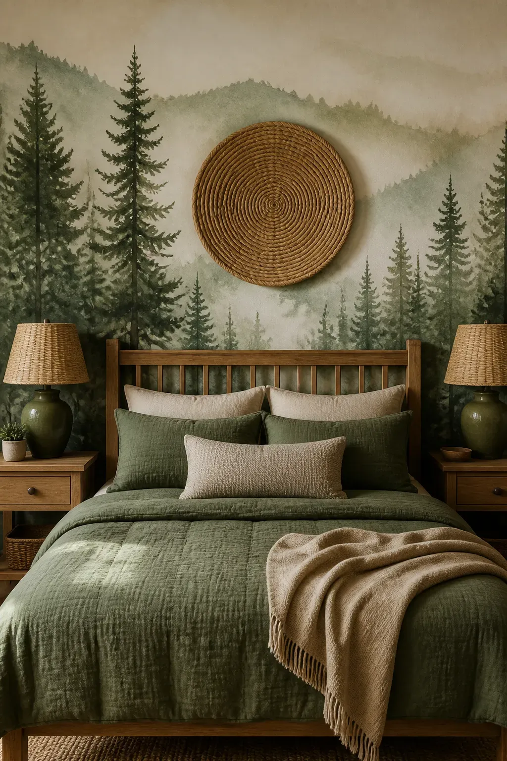 Cozy bedroom with a forest mural in shades of amber, orange, and deep brown.