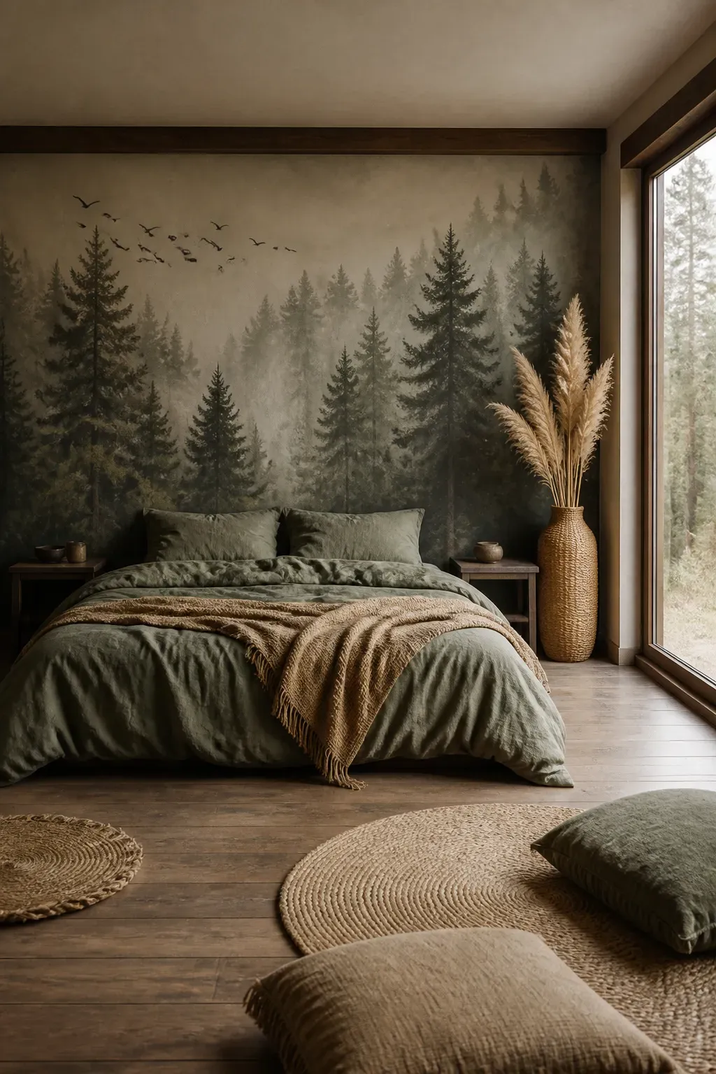 A bedroom styled like a cabin with a dense dark green forest mural behind a wooden bed.