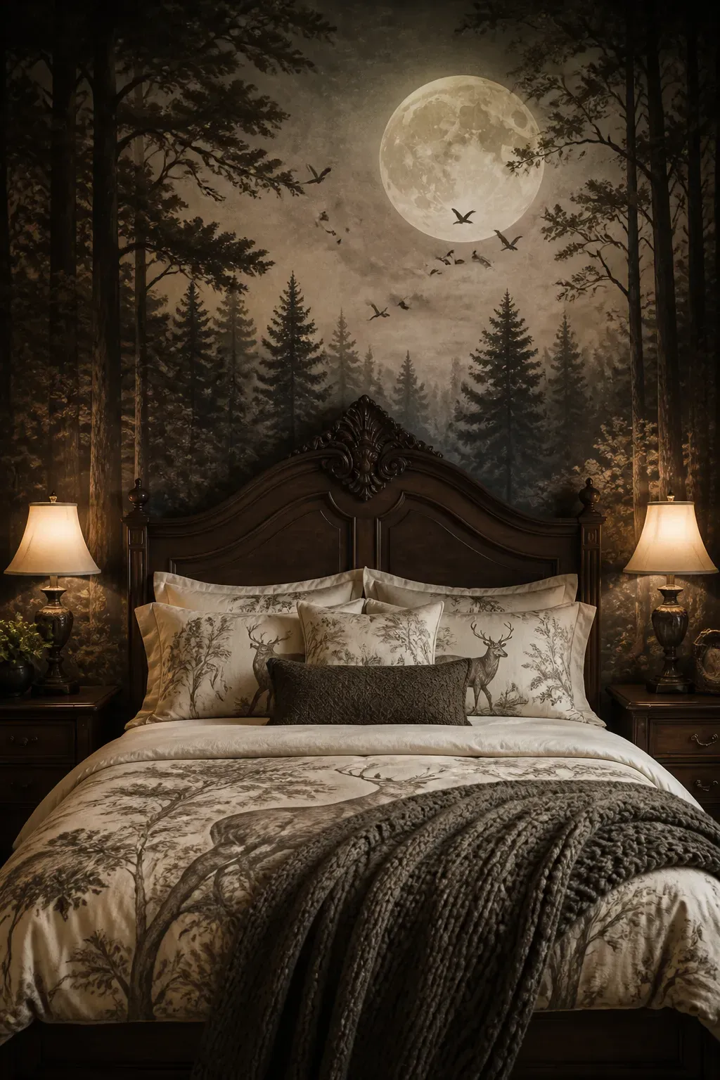 Moody woodland mural with a crescent moon and stars visible through the branches of tall trees.