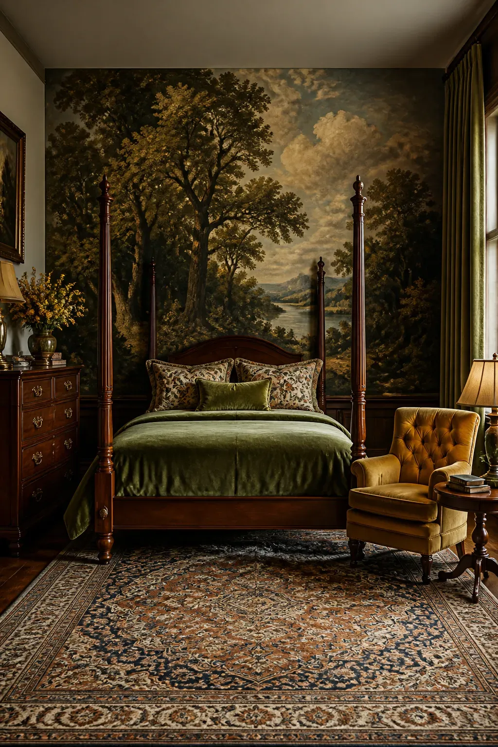 Deep charcoal and emerald forest mural creating a moody atmosphere in a bedroom.