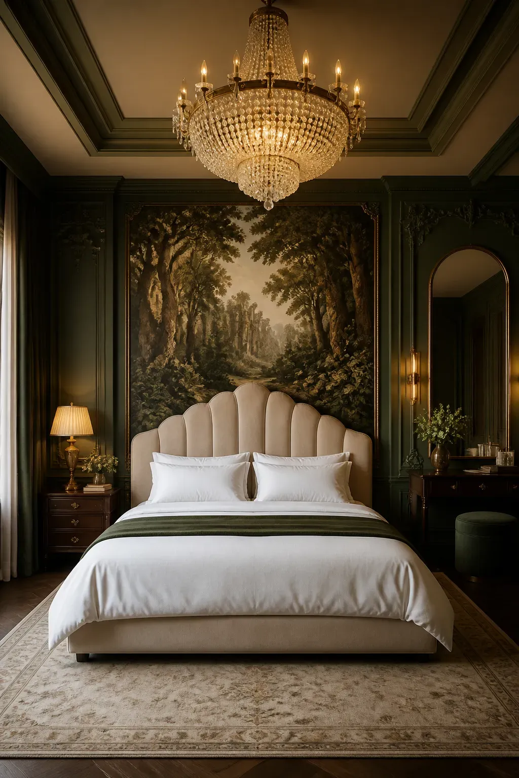 Modern bedroom featuring a minimalist large-scale tree graphic on a single accent wall.