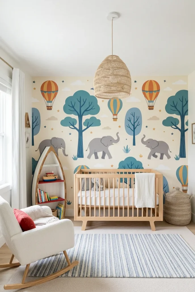 A nursery wall featuring soft grey elephants floating in colorful hot air balloons among white clouds.