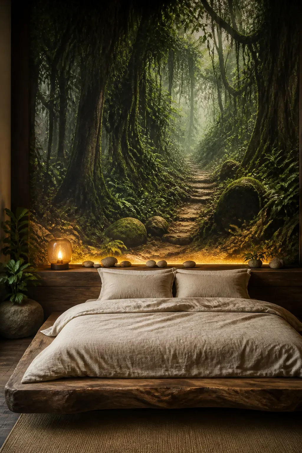 Fairy-tale inspired forest mural with glowing flowers and magical lighting in a guest suite.